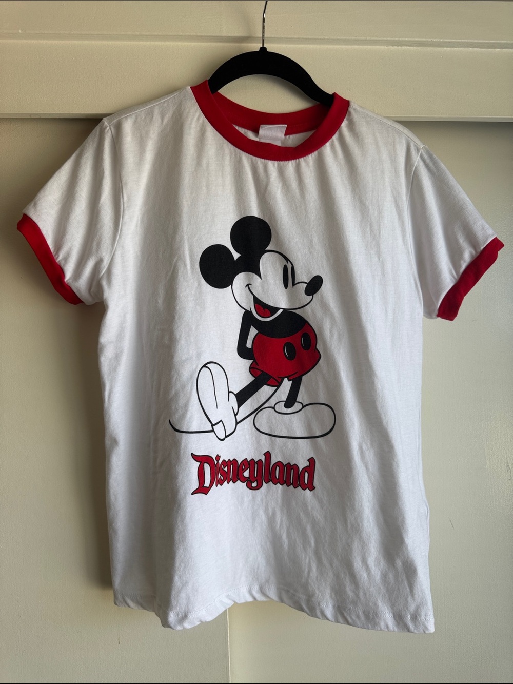 Disney White Tee with Red Trim & Classic Mickey Mouse Graphic Large